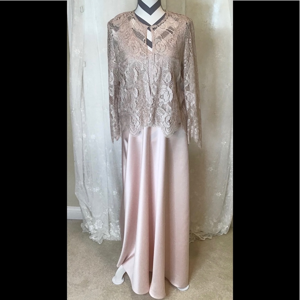 Tom Barra Floor Length Satin-like Pink Gown with Lace Jacket